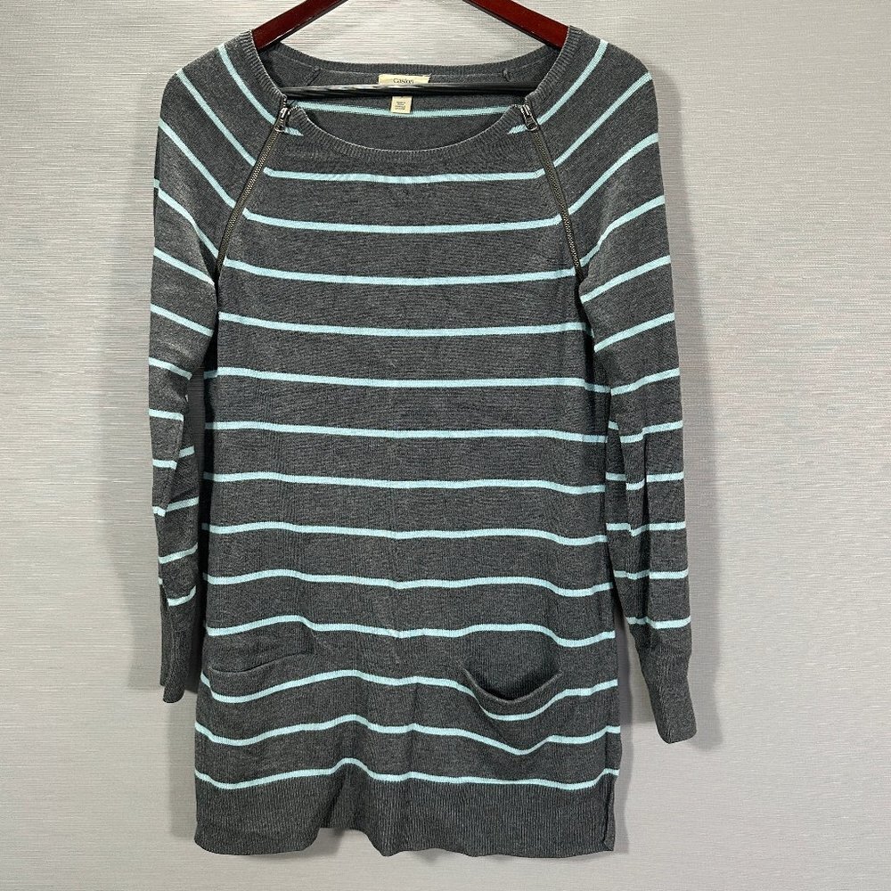 Caslon Sweater Womens Small Tunic Gray Cotton Stripe Pockets Zip Neck